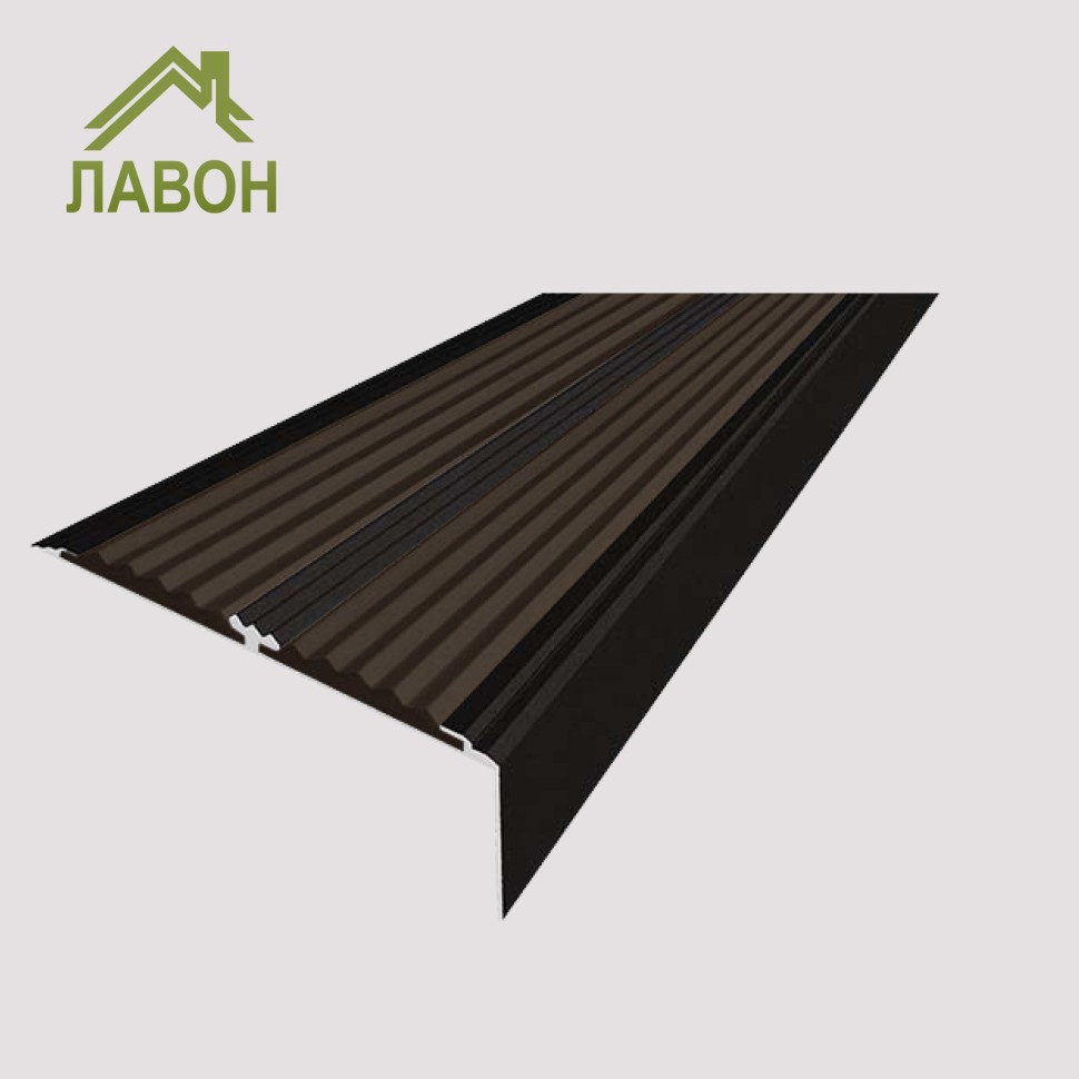 Алюминиевый окрашенный угол-порог с двумя вставками против скольжения 70 мм/5,5 мм/22,5 мм глянцевый черный цвет вставки темно-коричневый 1 метр