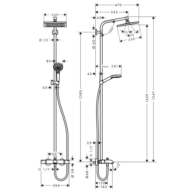 Душевая система HansGrohe HG Crometta E Showerpipe 240 1jet с термостатическим смесителем для ванны хром