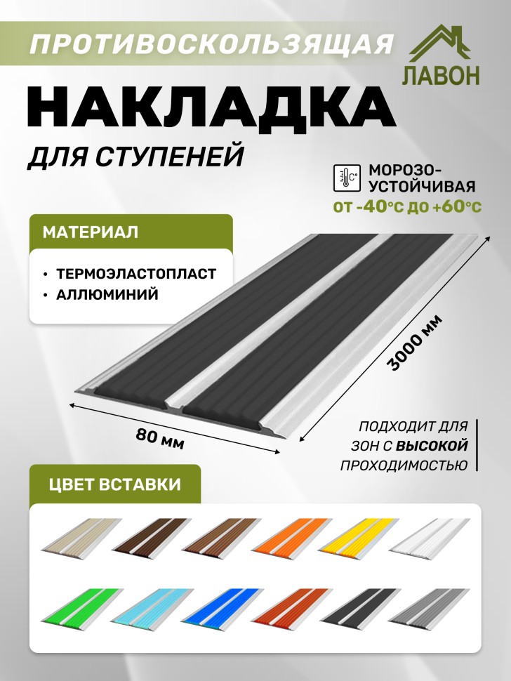 Противоскользящая полоса-порог с двумя вставками 80 мм/6,8 мм черная 3 м