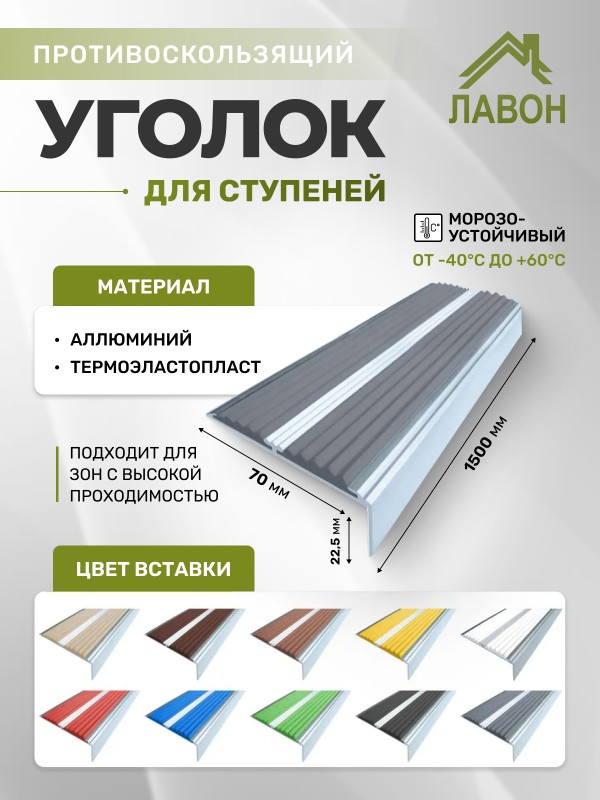 Противоскользящий угол-порог с двумя вставками 70 мм/5,5 мм серый 1,5 метра