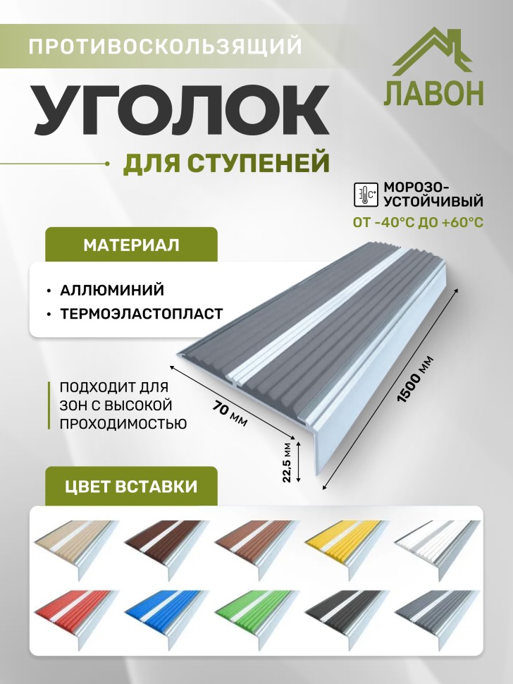 Противоскользящий угол-порог с двумя вставками 70 мм/5,5 мм серый 1,5 метра