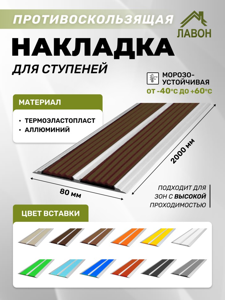 Противоскользящая полоса-порог с двумя вставками 80 мм/6,8 мм темно-коричневая 2 м
