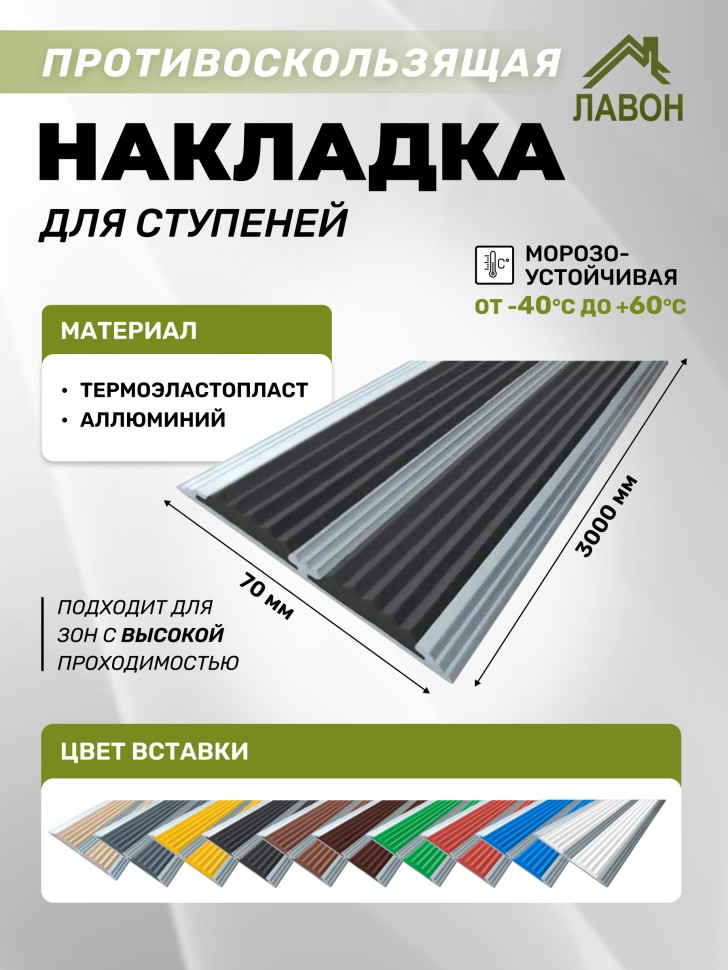 Противоскользящая полоса с двумя вставками 70 мм/5,5 мм черная 3 метра