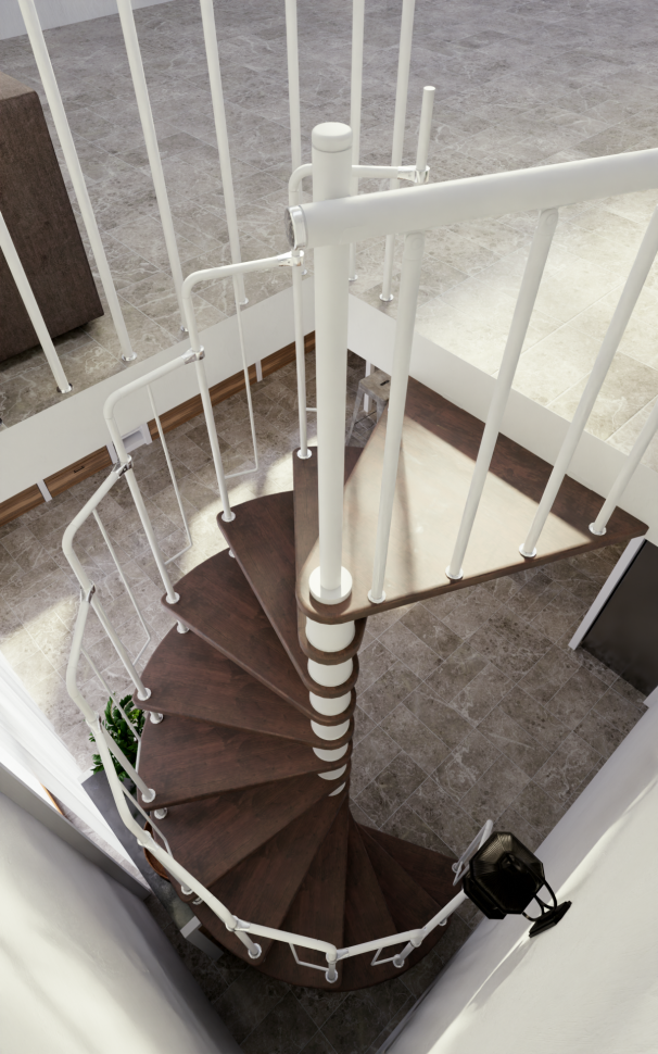 Винтовая лестница Spiral Loft White D140, правая. Проём 1430×1430 мм, высота 2940–3220 мм. Дуб сращенный.