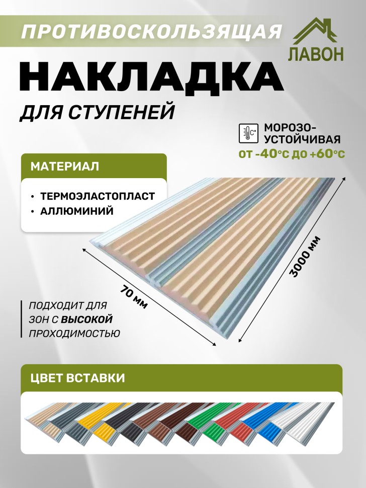 Противоскользящая полоса с двумя вставками 70 мм/5,5 мм бежевая 3 метра
