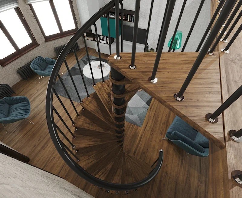 Винтовая лестница Spiral Black D120, правая. Проём 1230×1230 мм, высота 2940–3220 мм. Ясень сращенный.