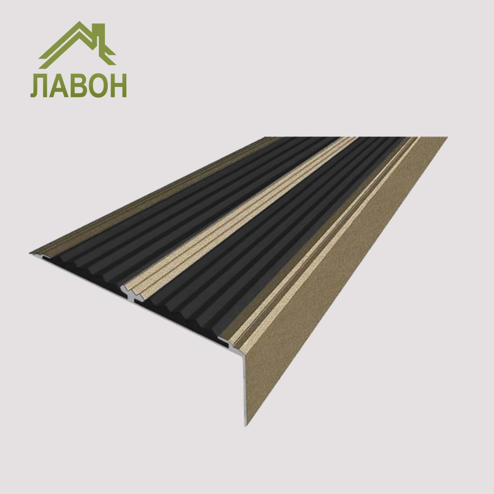 Анодированный угол-порог с двумя вставками против скольжения 70 мм/5,5 мм/22,5 мм матовый шампань, цвет вставки черный 1 метр