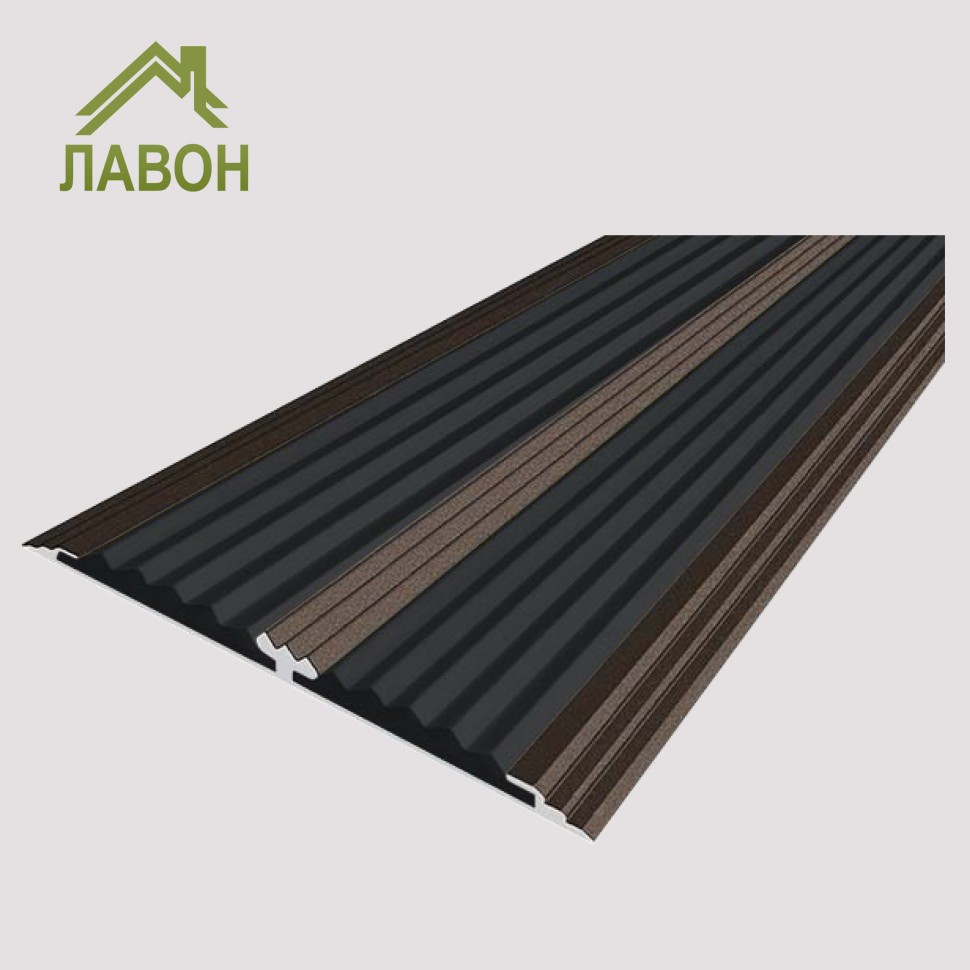 Анодированная полоса с двумя вставками против скольжения 70 мм/5,5 мм 2 метра матовая коньяк, цвет вставки черный