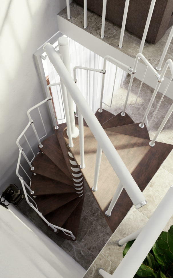 Винтовая лестница Spiral Loft White D140, правая. Проём 1430×1430 мм, высота 2520–2760 мм. Ясень сращенный.