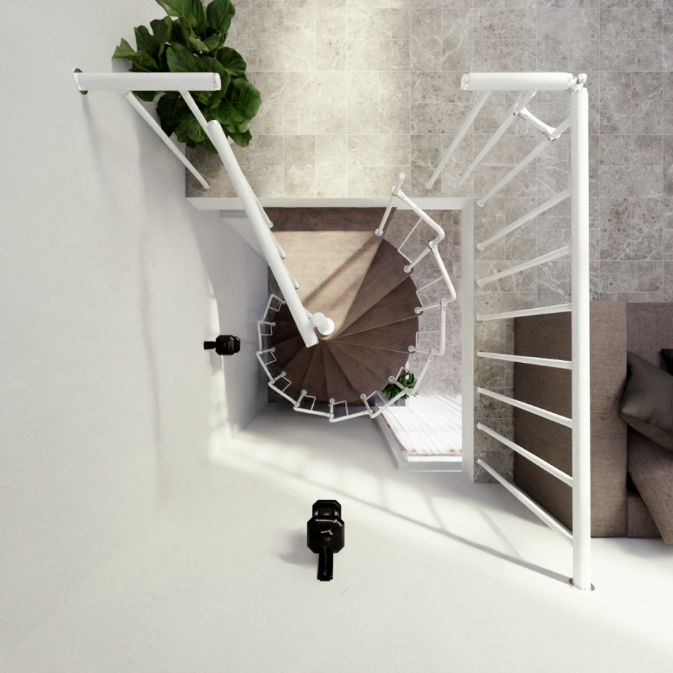 Винтовая лестница Spiral Loft White D140, левая. Проём 1430×1430 мм, высота 3150–3450 мм. Ясень сращенный.