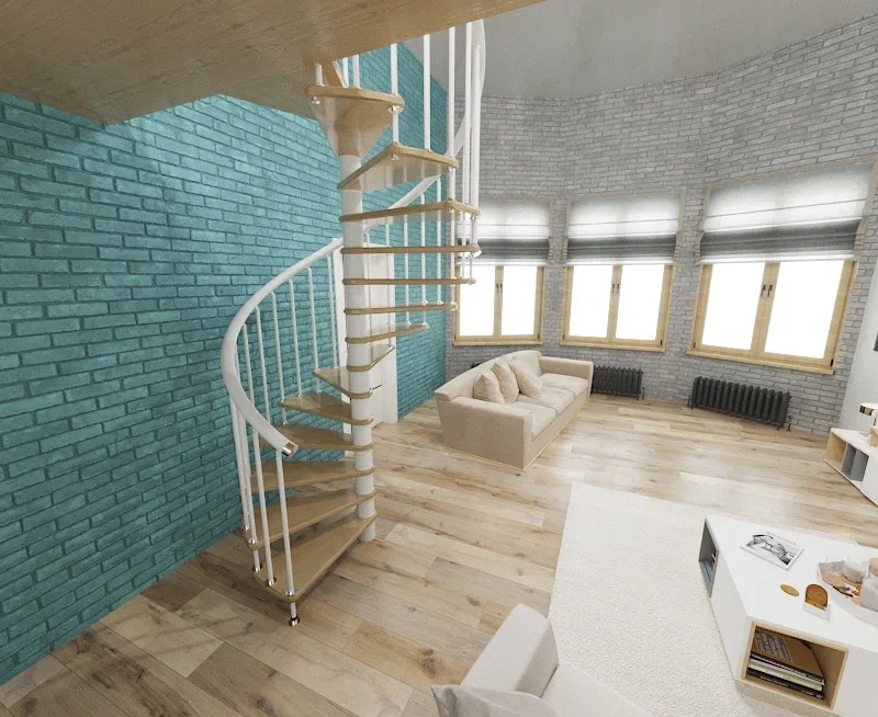 Винтовая лестница Spiral White D140, правая. Проём 1430×1430 мм, высота 2940–3220 мм. Береза мультиплекс.