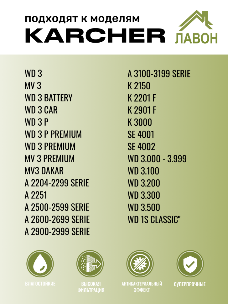 Мешки для пылесосов Karcher WD 3, WD 3.300, MV 3, WD 3.500, SE 4001. Одноразовые синтетические пылесборники Лавон. Комплект 5 штук