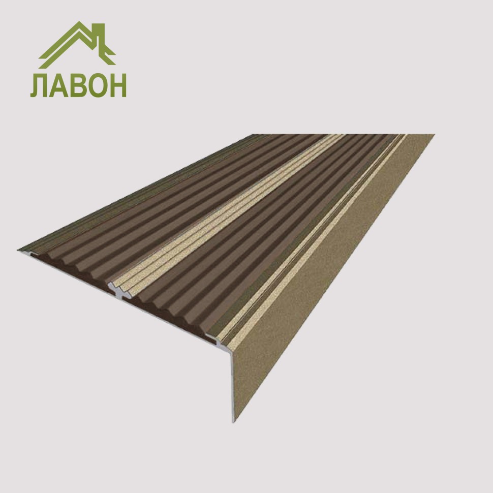 Анодированный угол-порог с двумя вставками против скольжения 70 мм/5,5 мм/22,5 мм матовый шампань, цвет вставки коричневый 1 метр