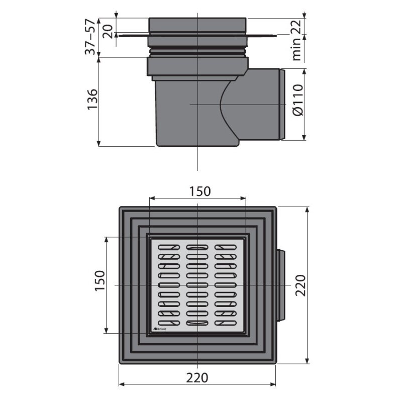 Трап Alcaplast 150 х 150 мм H=173-193 мм выпуск 110 мм нерж.сталь