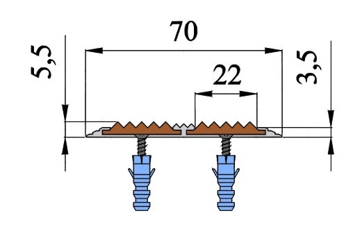 Анодированная полоса с двумя вставками против скольжения 70 мм/5,5 мм 1,5 метр матовая коньяк, цвет вставки черный