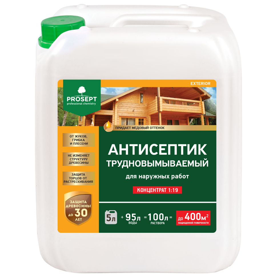 Антисептик трудновымываемый для наружных работ PROSEPT EXTERIOR концентрат 1:19 / 5 л