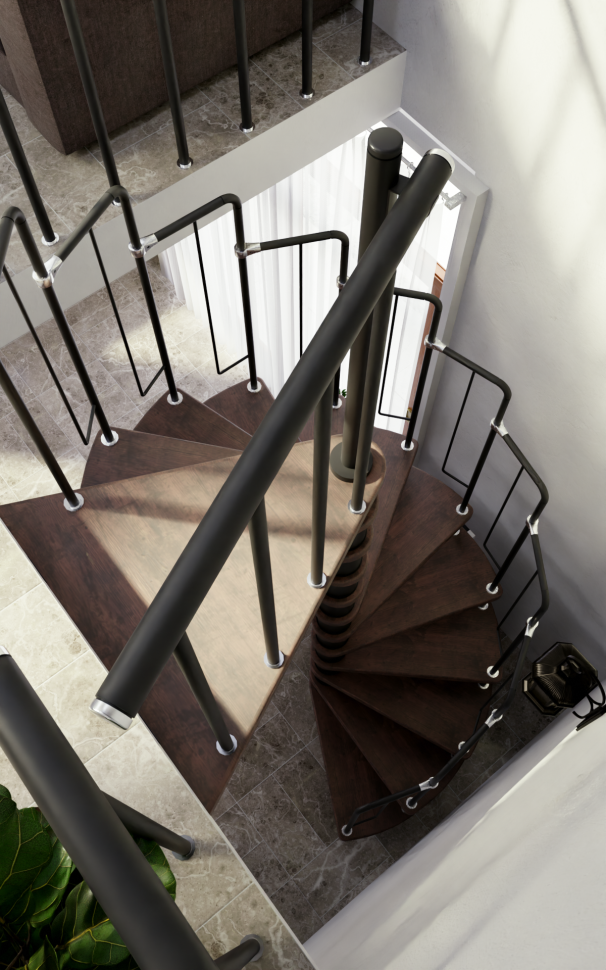 Винтовая лестница Spiral Loft Black D140, левая. Проём 1430×1430 мм, высота 2730–2990 мм. Ясень сращенный.