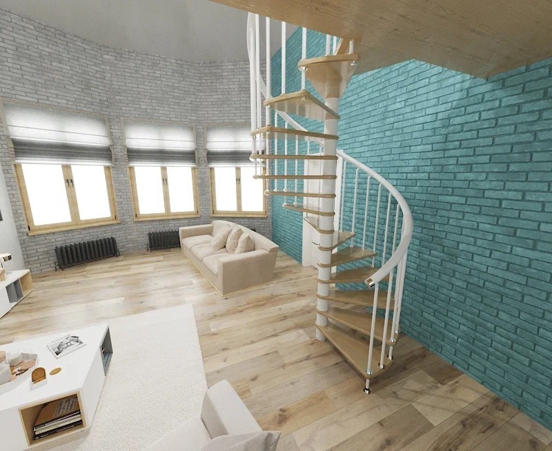 Винтовая лестница Spiral White D140, левая. Проём 1430×1430 мм, высота 3150–3450 мм. Береза мультиплекс.
