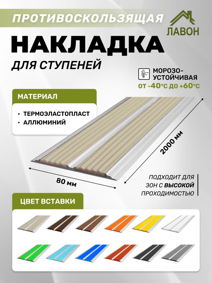 Противоскользящая полоса-порог с двумя вставками 80 мм/6,8 мм бежевая 2 м