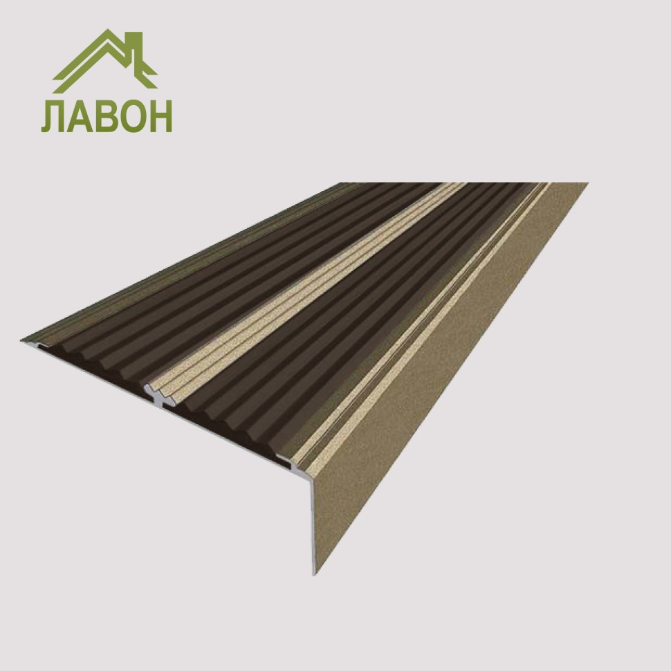 Анодированный угол-порог с двумя вставками против скольжения 70 мм/5,5 мм/22,5 мм матовый шампань, цвет вставки темно-коричневый 1 метр