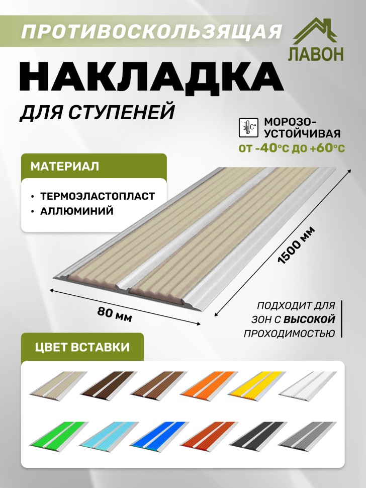 Противоскользящая полоса-порог с двумя вставками 80 мм/6,8 мм бежевая 1,5 м