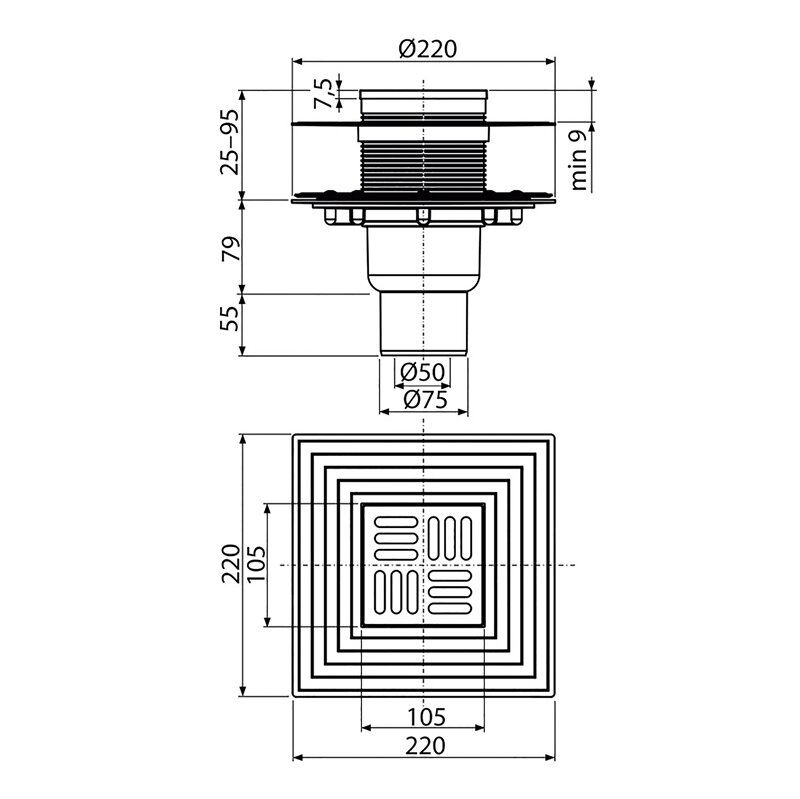 Трап Alcaplast 105 х 105 мм H=159-229 мм г/затвор комбин воротник 2 уров. верт.выпуск 50/75 мм нерж.сталь