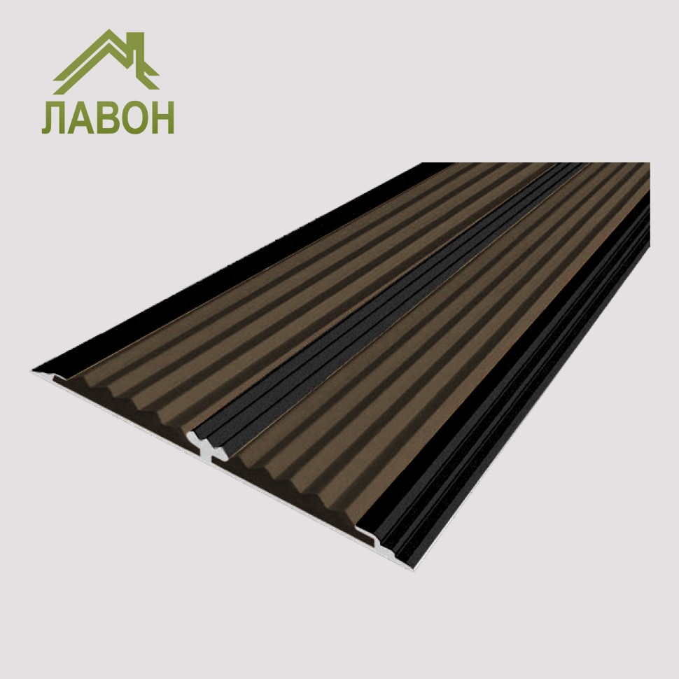 Анодированная полоса с двумя вставками против скольжения 70 мм/5,5 мм 1 метр матовая черная, цвет вставки коричневый