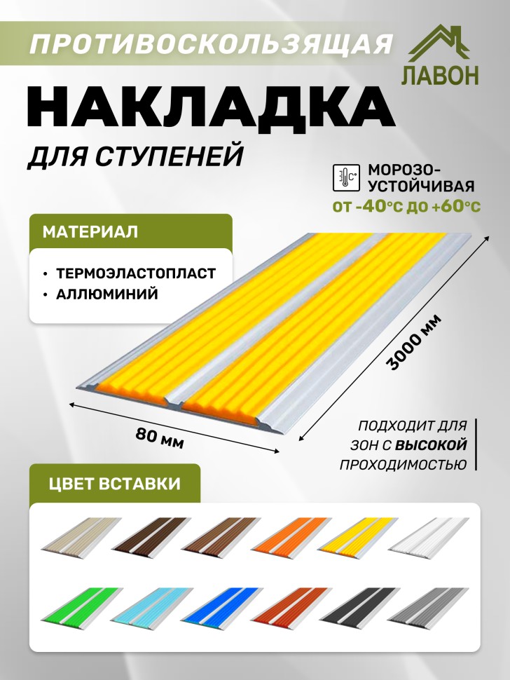 Противоскользящая полоса-порог с двумя вставками 80 мм/6,8 мм желтая 3 м