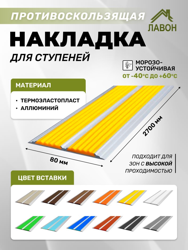 Противоскользящая полоса-порог с двумя вставками 80 мм/6,8 мм желтая 2,7 м