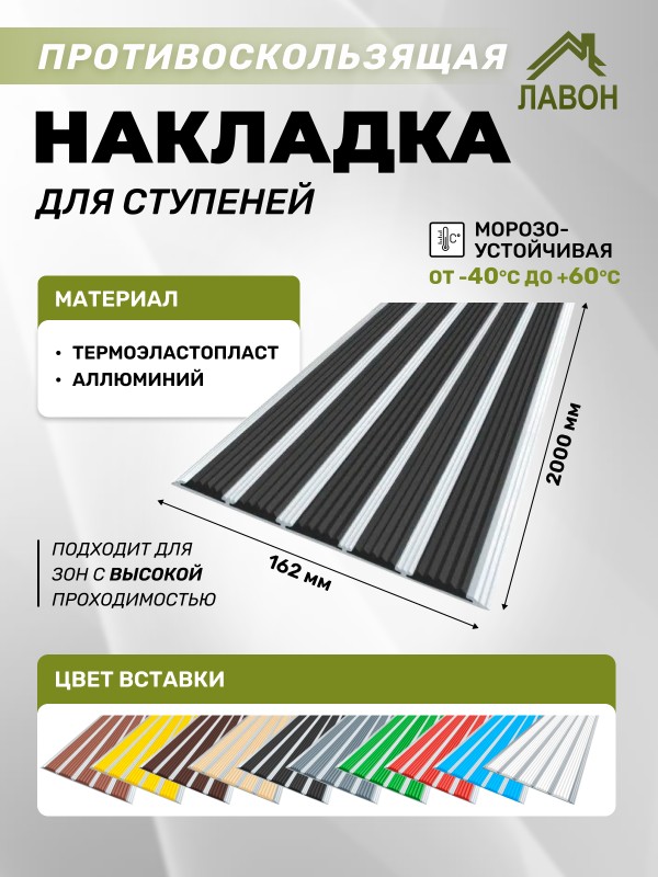 Противоскользящая полоса с пятью вставками 162 мм/6 мм черная 2 метра