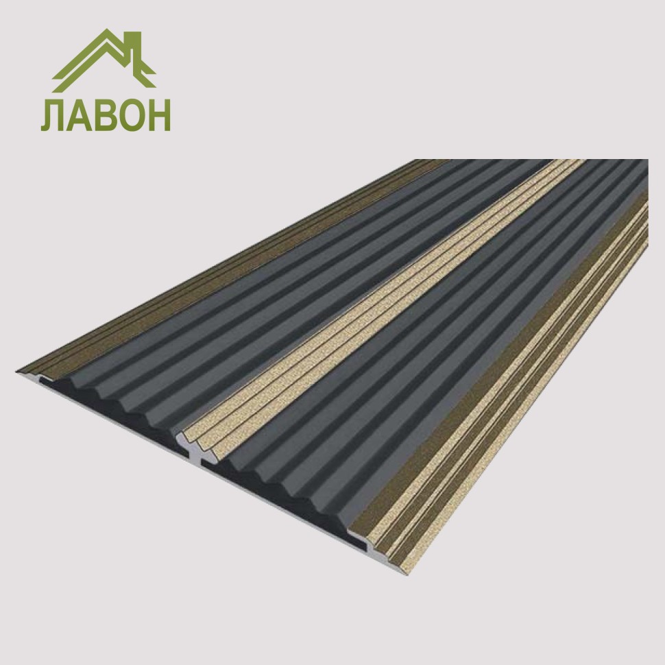 Анодированная полоса с двумя вставками против скольжения 70 мм/5,5 мм 1 метр матовая шампань, цвет вставки серый