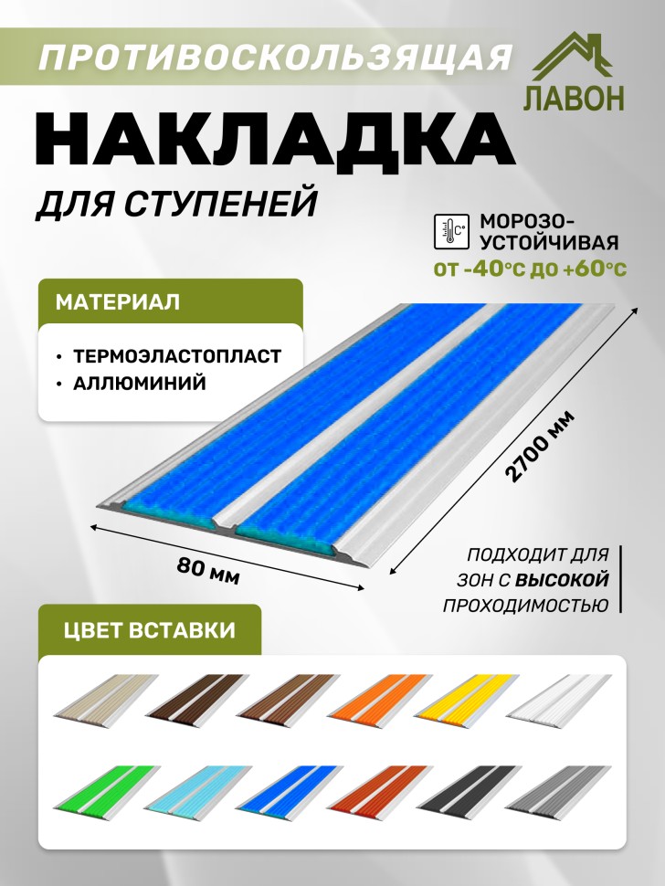 Противоскользящая полоса-порог с двумя вставками 80 мм/6,8 мм синяя 2,7 м